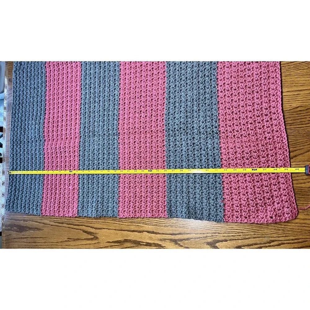 Handmade Crochet Striped Afghan Blanket Pink Gray 45x40 Cozy‎ Cottagecore